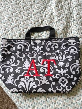 thirty-one Black and White Damask Tote with Red Monogram